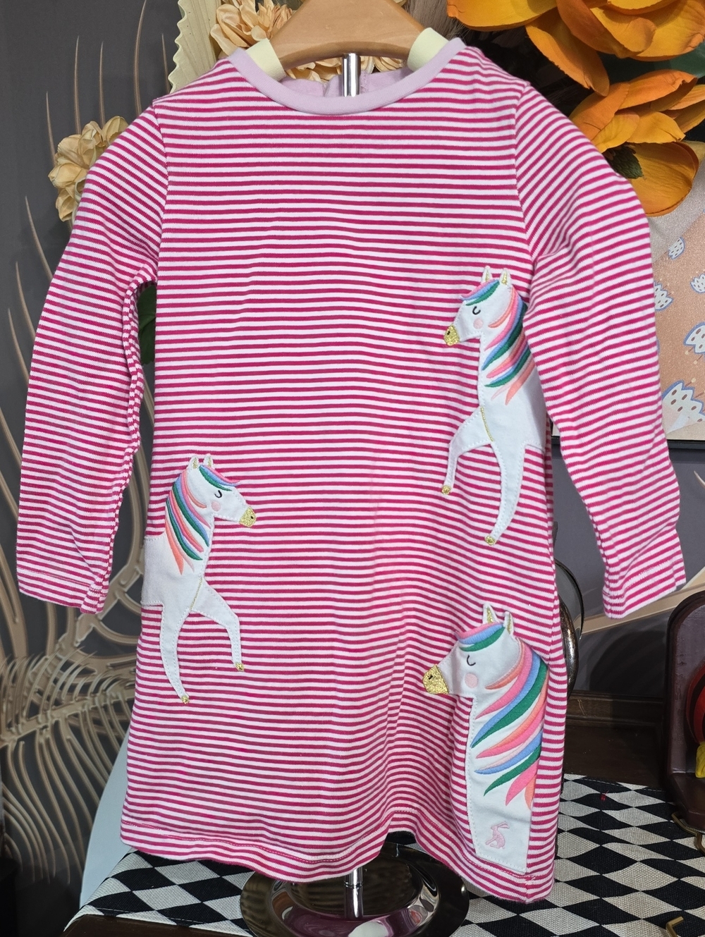 Joules Pink & White Stripe Unicorn Horse Dress 4 4t